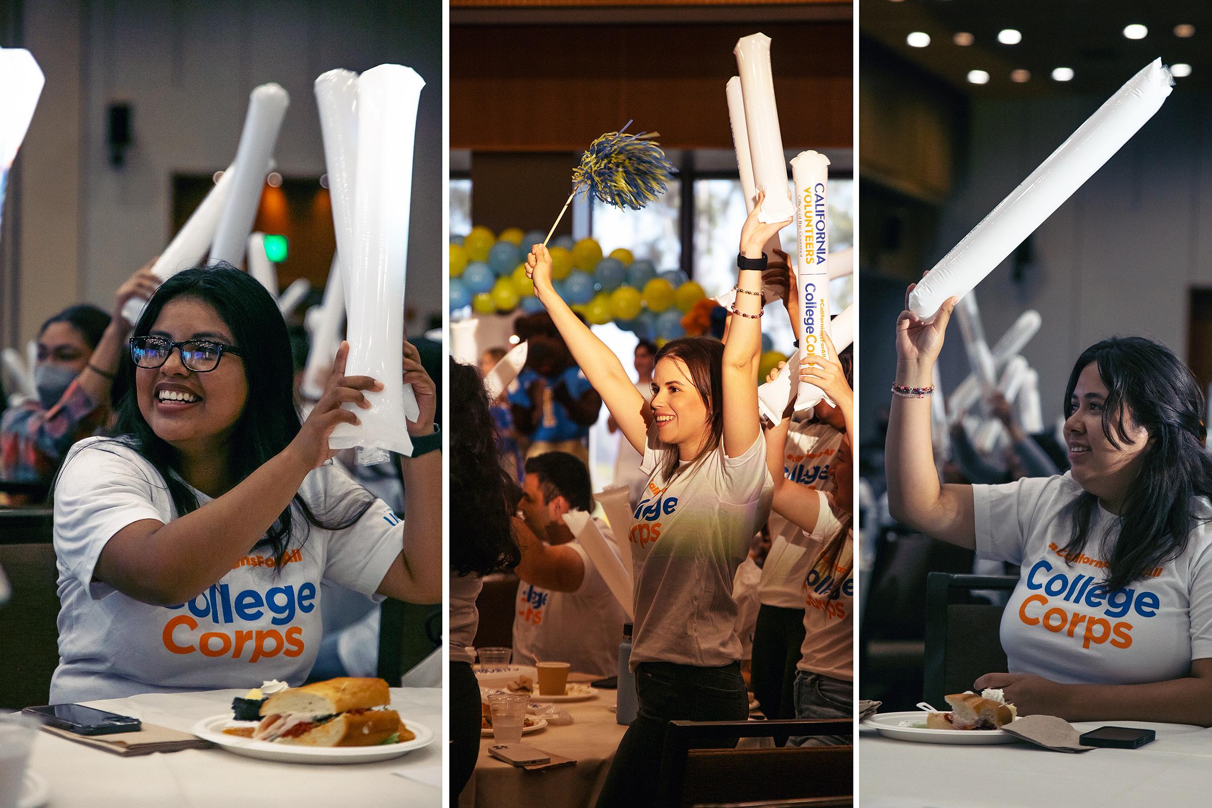 3 images of a young Latinx woman, white woman, and another Latinx woman in a white t-shirts which reads, "College Corps" waving white thundersticks in celebration.