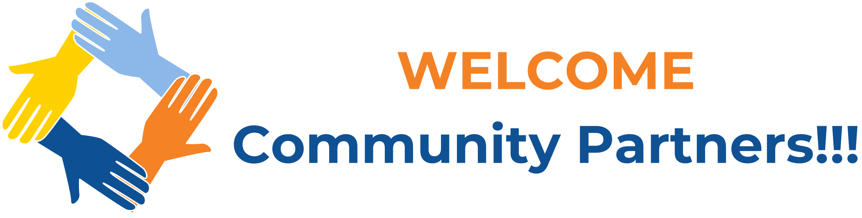 four hands, colored orange, light blue, gold, and dark blue forming a square next to the words "Welcome Community Partners 